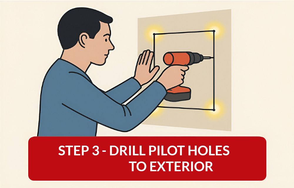 Drill pilot holes to the exterior