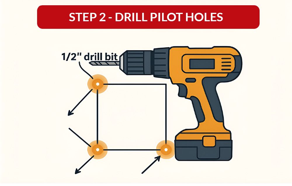 Drill pilot holes in the corners